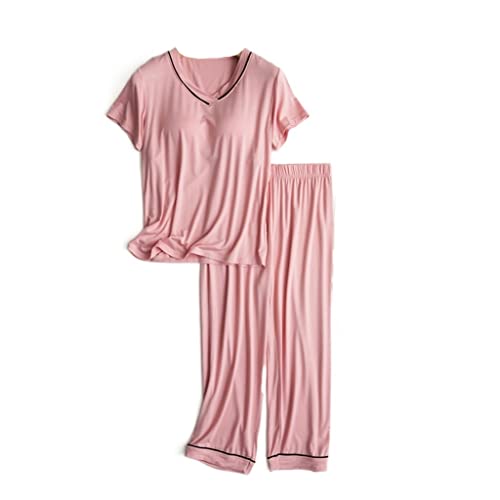 Modal-Pyjama-Set für Frauen Kurzärmeliges Oberteil mit V-Ausschnitt und Lange Hose Schlafanzug mit Brustpolstern (Color : Pink, Size : M) von BYLIA