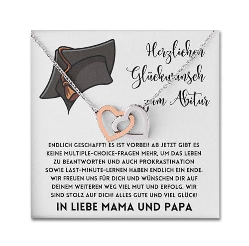 2024 Abitur Doppelherz Halskette Geschenk mit personalisierter Nachrichtenkarte zum bestandenen Schulabschluss Kette für Mädchen, Tochter, Nichte und Enkelkind (Doppelherz V1 - Standard Box) von BYLITZ