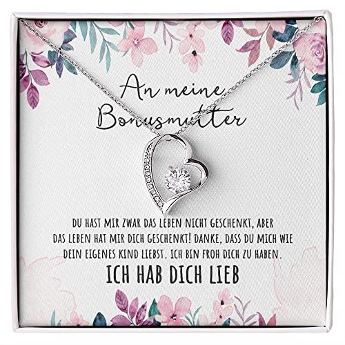 An meine Bonus Mutter Herz Halskette mit personalisierter Nachricht, Kette für die Stiefmutter zum Geburtstag, Muttertag, Frauentag oder Weihnachten (Standard Box - 14K Weißgold) von BYLITZ