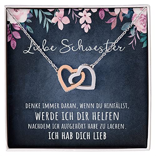 An meine Schwester Doppelherz Halskette mit personalisierter Nachricht Kette für die Stiefmutter zum Geburtstag, Muttertag, Frauentag oder Weihnachten (Standard Box - Rosé Gold, Weißer Hintergrund) von BYLITZ