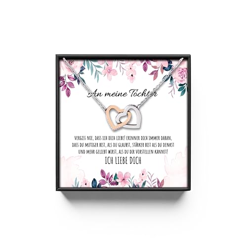 BYLITZ An meine Tochter Vergiss nie! Doppelherz Halskette mit personalisierter Karte und LED Box Kette mit Zirkonia zum Geburtstag Weihnachten (LED Box - Rosé Gold) von BYLITZ