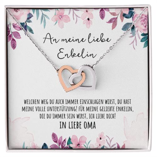 BYLITZ An meine liebe Enkelin Doppelherz Halskette mit personalisierter Karte und LED Box Kette mit Zirkonia für die Enkeltochter zum Geburtstag Weihnachten (Standard Box - Rosé Gold/Edelstahl) von BYLITZ