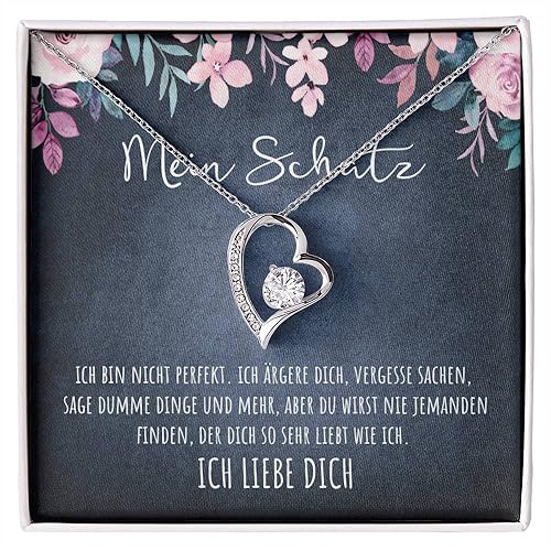 An meinen Schatz Halskette mit Karte Herz Kette mit LED Box und Spruch für Damen Frau Partnerin Freundin oder Verlobte zum Jahrestag Geburtstag Weihnachten (Standard Box - 14K Weißgold Finish) von BYLITZ