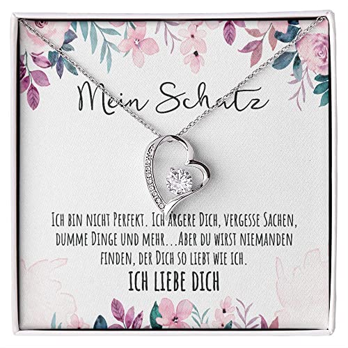 An meinen Schatz Herz Halskette mit personalisierter Karte Kette mit LED Box und Zirkonia für die Ehefrau Partnerin Freundin oder Verlobte (Mahagoni LED Box - 14K Weißgold Finish) von BYLITZ