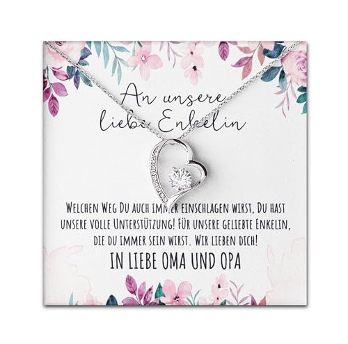 An unsere liebe Enkelin Doppelherz Halskette mit personalisierter Karte und LED Box Kette mit Zirkonia für die Enkeltochter zum Geburtstag Weihnachten (LED Box - Herz) von BYLITZ