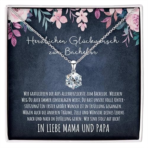 BYLITZ Halskette zum Bachelor 925 Silber Kette mit Anhänger Geschenk zum bestandenen Bachelor Abschluss mit Spruch & personalisierter Karte für Mädchen Tochter Enkelin (MOISS5-3 Karat) von BYLITZ