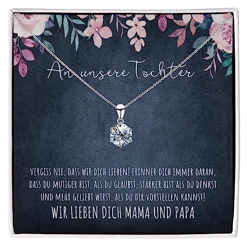 BYLITZ An unsere Tochter 925 Silber Halskette mit Spruch und Geschenkbox An meine Tochter Kette mit personalisierter Karte zum Geburtstag Weihnachten von Papa Mama Eltern (M4-2 Karat) von BYLITZ