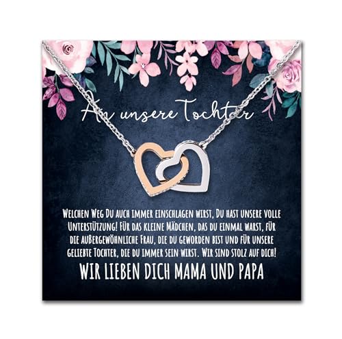An meine Tochter Herz Halskette mit personalisierter Karte und LED Box Kette mit Zirkonia zum Geburtstag Weihnachten (LED Box - Doppelherz) von BYLITZ
