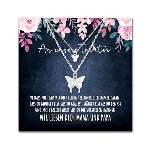 An meine Tochter Vergiss nie Schmetterling Karabiner Halskette mit personalisierter Karte und Geschenk- Box Kette mit Zirkonia zum Geburtstag Weihnachten (Standard Box - Schmetterling) von BYLITZ