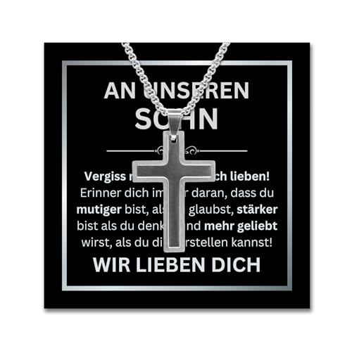 BYLITZ An meinen/unseren Sohn Kreuz Kette mit personalisierter Nachricht Halskette an meinen Sohn zum Geburtstag, Weihnachten (Standard Box, Schwarz V2) von BYLITZ