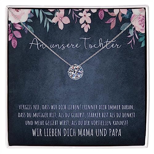 BYLITZ An unsere Tochter 925 Silber Halskette mit Spruch und Geschenkbox An meine Tochter Kette mit personalisierter Karte zum Geburtstag Weihnachten von Papa Mama Eltern (M1-1 Karat) von BYLITZ