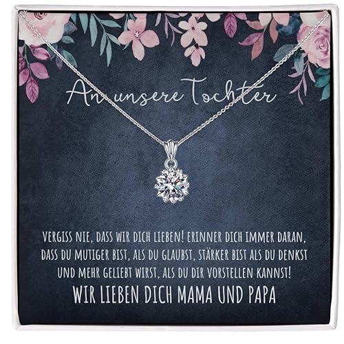 BYLITZ An unsere Tochter 925 Silber Halskette mit Spruch und Geschenkbox An meine Tochter Kette mit personalisierter Karte zum Geburtstag Weihnachten von Papa Mama Eltern (M6-1 Karat) von BYLITZ