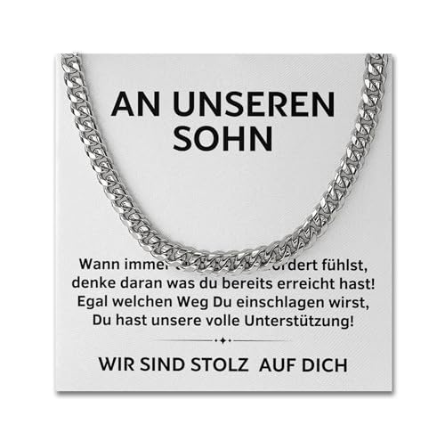 BYLITZ Kubanische Panzerkette mit personalisierter Glückwunschkarte 14K Gold Finish Halskette an unseren Sohn (Standard Box - Edelstahl) von BYLITZ