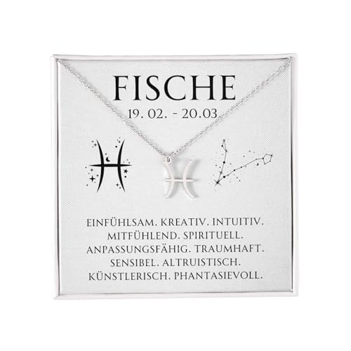BYLITZ Sternzeichen Kette mit LED Geschenkbox und Karte Zodiak Halskette mit Anhänger für Frauen Damen Tochter Nichte Enkelin Freundin Mädchen (Fische | Silber) von BYLITZ