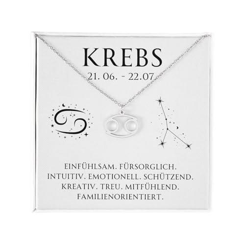 BYLITZ Sternzeichen Kette mit LED Geschenkbox und Karte Zodiak Halskette mit Anhänger für Frauen Damen Tochter Nichte Enkelin Freundin Mädchen (Krebs | Silber) von BYLITZ