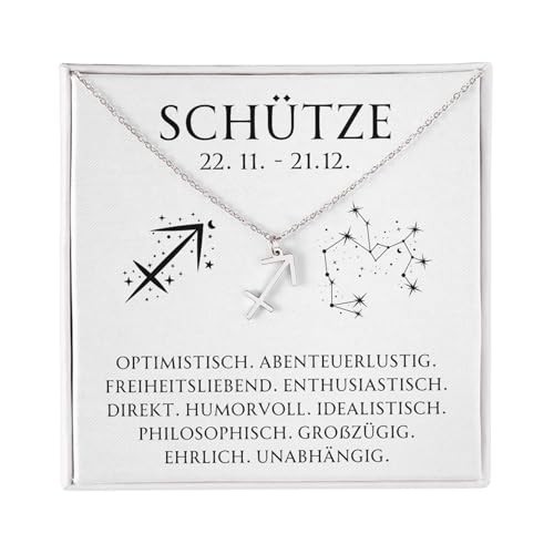 BYLITZ Sternzeichen Kette mit LED Geschenkbox und Karte Zodiak Halskette mit Anhänger für Frauen Damen Tochter Nichte Enkelin Freundin Mädchen (Schütze | Silber) von BYLITZ