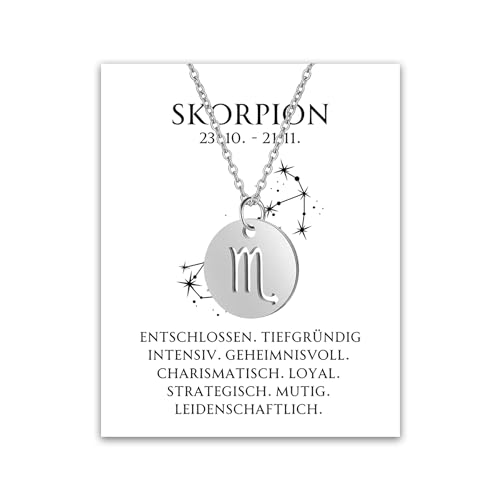 BYLITZ Sternzeichen Kette mit LED Geschenkbox und Karte Zodiak Halskette mit Anhänger für Frauen Damen Tochter Nichte Enkelin Freundin Mädchen (Skorpion | Silber) von BYLITZ