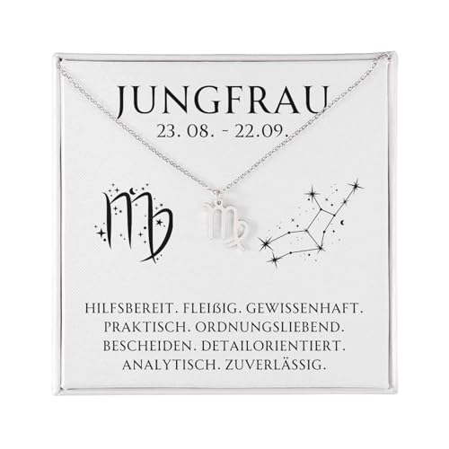 BYLITZ Sternzeichen Kette mit LED Geschenkbox und Karte Zodiak Halskette mit Anhänger für Frauen Damen Tochter Nichte Enkelin Freundin Mädchen (Jungfrau | Silber) von BYLITZ