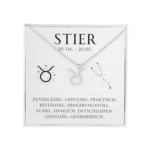 BYLITZ Sternzeichen Kette mit LED Geschenkbox und Karte Zodiak Halskette mit Anhänger für Frauen Damen Tochter Nichte Enkelin Freundin Mädchen (Stier | Silber) von BYLITZ
