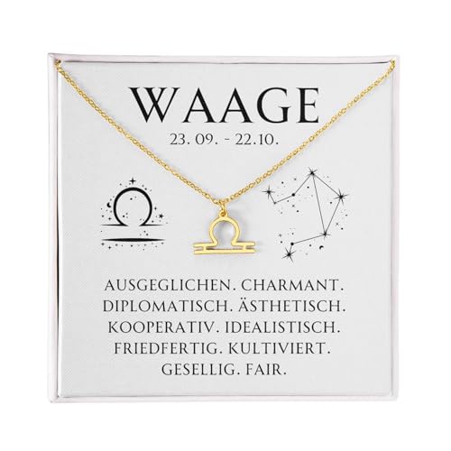 BYLITZ Sternzeichen Kette mit LED Geschenkbox und Karte Zodiak Halskette mit Anhänger für Frauen Damen Tochter Nichte Enkelin Freundin Mädchen (Waage | Gold) von BYLITZ
