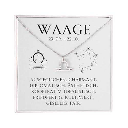 BYLITZ Sternzeichen Kette mit LED Geschenkbox und Karte Zodiak Halskette mit Anhänger für Frauen Damen Tochter Nichte Enkelin Freundin Mädchen (Waage | Silber) von BYLITZ