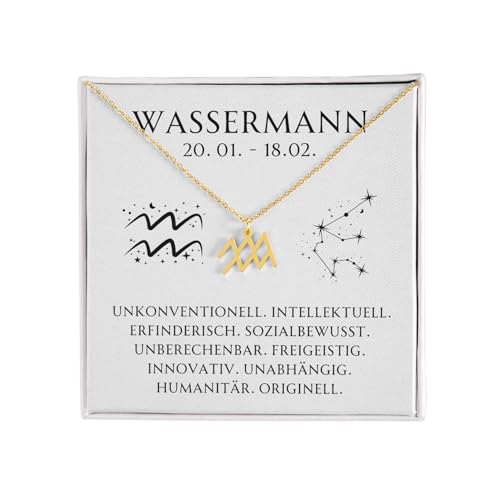 BYLITZ Sternzeichen Kette mit LED Geschenkbox und Karte Zodiak Halskette mit Anhänger für Frauen Damen Tochter Nichte Enkelin Freundin Mädchen (Wassermann | Gold) von BYLITZ