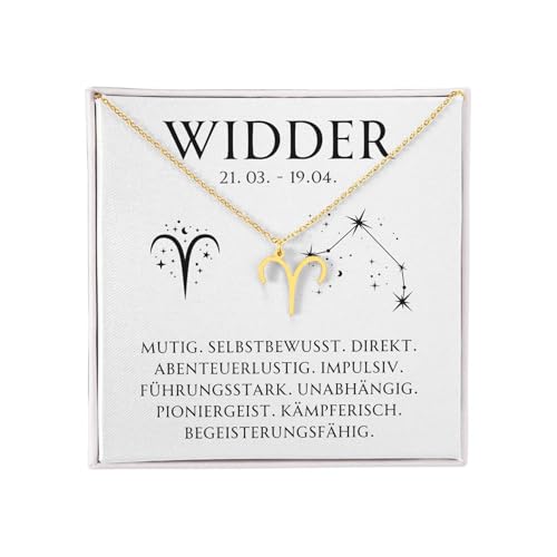 BYLITZ Sternzeichen Kette mit LED Geschenkbox und Karte Zodiak Halskette mit Anhänger für Frauen Damen Tochter Nichte Enkelin Freundin Mädchen (Widder | Gold) von BYLITZ