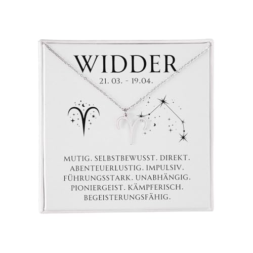 BYLITZ Sternzeichen Kette mit LED Geschenkbox und Karte Zodiak Halskette mit Anhänger für Frauen Damen Tochter Nichte Enkelin Freundin Mädchen (Widder | Silber) von BYLITZ