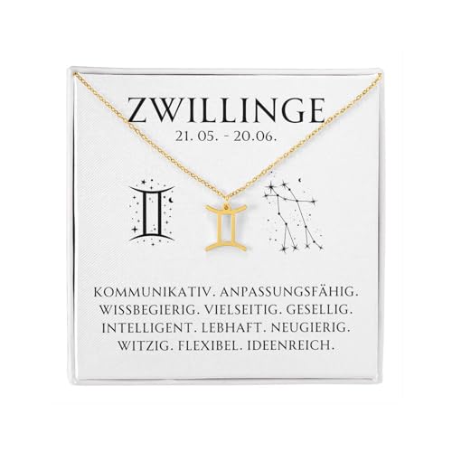 BYLITZ Sternzeichen Kette mit LED Geschenkbox und Karte Zodiak Halskette mit Anhänger für Frauen Damen Tochter Nichte Enkelin Freundin Mädchen (Zwillinge | Gold) von BYLITZ