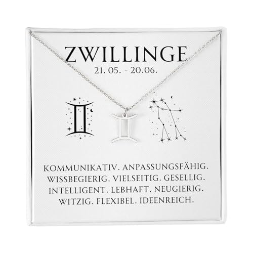 BYLITZ Sternzeichen Kette mit LED Geschenkbox und Karte Zodiak Halskette mit Anhänger für Frauen Damen Tochter Nichte Enkelin Freundin Mädchen (Zwillinge | Silber) von BYLITZ