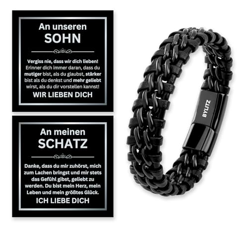 Leder Armband An meinen Mann/Schatz/Sohn Geschenk mit Box und personalisierter Glückwunschkarte für Männer, Herren, Jugendliche, Jungen zum Geburtstag, Jahrestag, Weihnachten (17cm, Schwarz) von BYLITZ