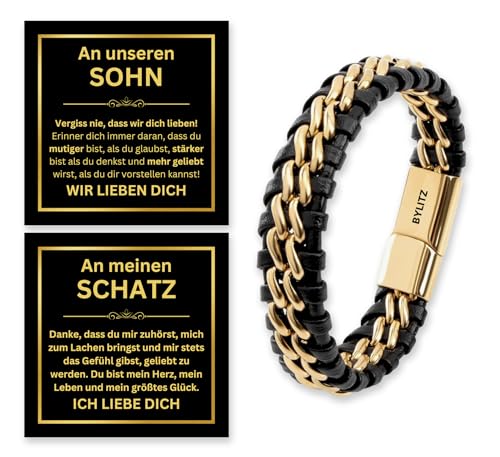 Leder Armband An meinen Mann/Schatz/Sohn Geschenk mit Box und personalisierter Glückwunschkarte für Männer, Herren, Jugendliche, Jungen zum Geburtstag, Jahrestag, Weihnachten (23cm, Gold) von BYLITZ