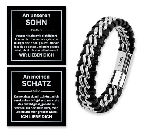 Leder Armband mit Box An meinen Mann/Schatz/Sohn Geschenk mit personalisierter Glückwunschkarte für Männer, Herren, Jugendliche, Jungen zum Geburtstag, Jahrestag, Weihnachten (23cm, Silber) von BYLITZ