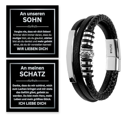 Leder Armband mit Box An meinen Mann/Schatz/Sohn Geschenk mit personalisierter Glückwunschkarte für Männer, Herren, Jugendliche, Jungen zum Geburtstag, Weihnachten, Jahrestag (20cm, Silber) von BYLITZ