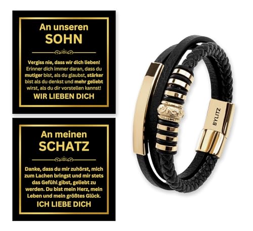 Leder Armband mit Box An meinen Mann/Schatz/Sohn Geschenk mit personalisierter Glückwunschkarte für Männer, Herren, Jugendliche, Jungen zum Geburtstag, Weihnachten, Jahrestag (23cm, Gold) von BYLITZ