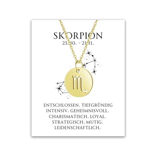 Sternzeichen Kette mit Geschenkbox und Karte Zodiak Halskette mit Anhänger für Frauen Damen Tochter Nichte Enkelin Freundin Mädchen (Skorpion Gold | LED Box) von BYLITZ
