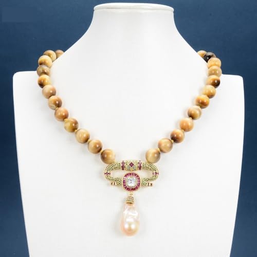 BYLSAGWHT 12mm Round Yellow Tiger Eye Necklace Cubic Zirconia Pave Keshi Pearl Pendant 18" For Women von BYLSAGWHT
