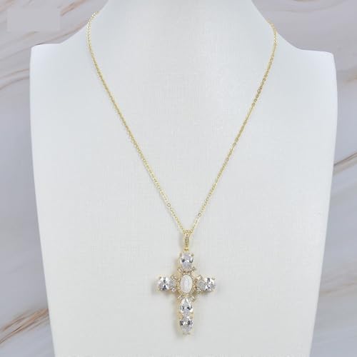 BYLSAGWHT 17.5" Shell pearl Cubic Zirconia pave Necklace Virgin Mary Cross Pendant necklacereligious style for women girl von BYLSAGWHT