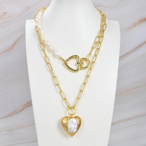 BYLSAGWHT 2 Rows Cultured White Baroque Pearl Statement Chain Necklace Heart-Shaped Pearl Pendant Necklace For Women von BYLSAGWHT