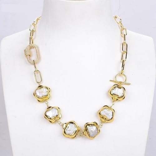 BYLSAGWHT Cultured White Keshi Flower Pearl Gold Edge Plated Link Chain Choker Necklace For Women Gift von BYLSAGWHT