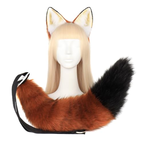 BYNYXI 2PCS Cosplay Fuchsschwanz mit ohren, Fuchsohren Fuchsschwanz Tierohren Schwanz Set Wolf Ohren Schwanz Kostüm Fuchs Katzenohren Damen Katzenschwanz Kostüm Halloween Fasching Karneval Masquerade von BYNYXI
