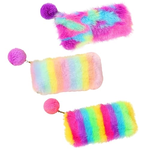 BYNYXI 3 Stück Plüsch Federmäppchen, Regenbogen Bleistift Tasche mit Reißverschluss flauschig Federmäppchen Teenager Pencil Case Schlamppermäppchen für Jungen Student Mädchen Schüleretui,21cmx11cm von BYNYXI