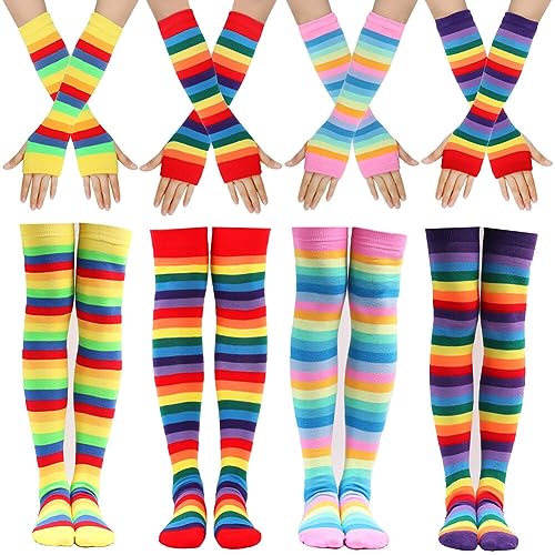 BYNYXI 4 Paar Gestreifte Kniestrümpfe Damen, mit Armstulpen Lange Strickhandschuhe Fingerlose Handschuhe Set Overknee Oberschenkel Regenbogen Gestreifte Schenkel Socken Thigh High Socks Party Kostüm von BYNYXI