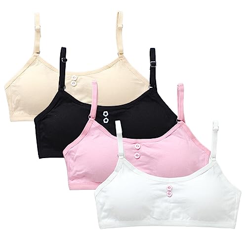 BYNYXI 4 Stück Mädchen Sport BH, Trägertop Kinder Mädchen Bustier Weste BH Full Cup Atmungsaktiv Unterwäsche BH Baumwolle Bralette Trägertop Nahtloser Trainings-BH für 9-14 Jahre Kinder Teenager von BYNYXI