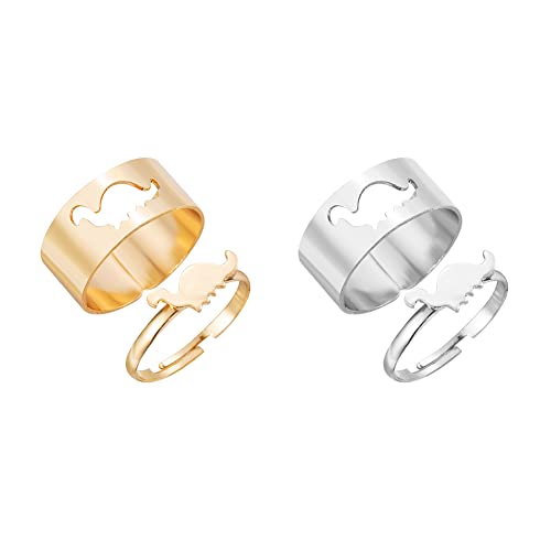 Couple Ring Dino, 4 Stück/2 Paar Damen Punk Ring Silber Verlobungsring Paar Ring Couples Set Partnerringe Verstellbar Ringe Set für Damen Herren Couple Ringe Promise Ring Set for Couple Boyfriend von BYNYXI