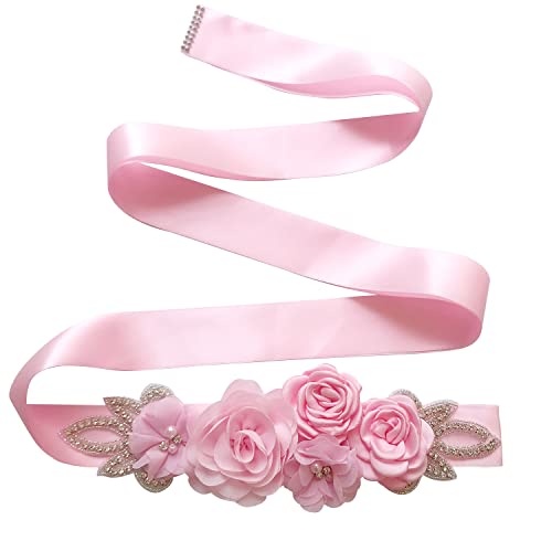 Gürtel Blumen Damen, 270cm Schärpe Gürtel Strass Hochzeit Gürtel Perlen Braut Gürtel Brautgürtel Prom Taillenkette Stoff Seidenband Gürtel Rose Blume Gürtel Für frauen Mädchen Schmuckgürtel von BYNYXI