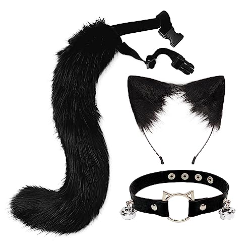 Halloween Katzenohren Stirnband mit Fuchspelzschwanz Cosplay, 3er Set Haarreifen Katzenohren Plüsch Fuchs Glockenhals verstellbaren Halskette Schwanz Katze Cosplay Kostüm Set für Erwachsene Kinder von BYNYXI