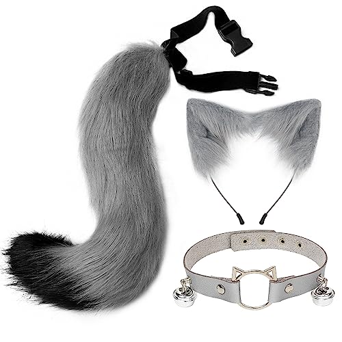 Halloween Katzenohren Stirnband mit Fuchspelzschwanz Cosplay, 3er Set Haarreifen Katzenohren Plüsch Fuchs Glockenhals verstellbaren Halskette Schwanz Katze Cosplay Kostüm Set für Erwachsene Kinder von BYNYXI