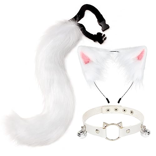 Halloween Katzenohren Stirnband mit Fuchspelzschwanz Cosplay, 3er Set Haarreifen Katzenohren Plüsch Fuchs Glockenhals verstellbaren Halskette Schwanz Katze Cosplay Kostüm Set für Erwachsene Kinder von BYNYXI