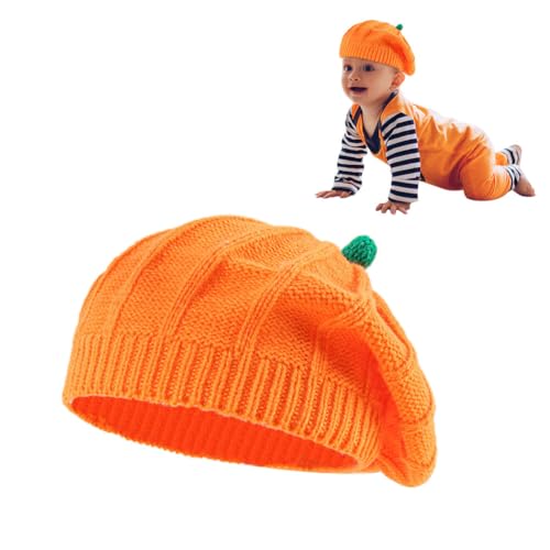 Halloween Kürbis Baskenmütze, Niedliche Strickmütze Randlos Warme Baskenmütze Herbst Winter Mütze Orange Beanie Mütze Lässig Beret Französische Baskenmütze für Damen Kinder Geburtstag Weihnachten von BYNYXI